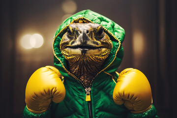 Anthropomorphic turtle character with yellow boxing gloves, generative ai illustration
