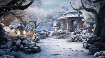  a digital painting of a winter scene with a gazebo and steps leading to a well - lit gazebo. - obrazy, fototapety, plakaty