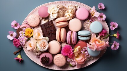 Obraz na płótnie Canvas a pink plate topped with macaroons and a chocolate bar surrounded by pink and white flowers and a blue background.