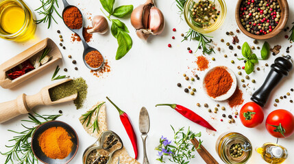Food background with spices, herbs and utensil on white background. AI Generative