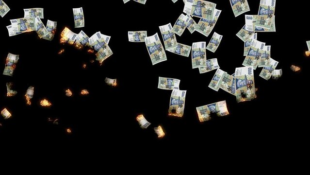 Iceland money currency banknote fallen from sky then fire burn out for money loss concept