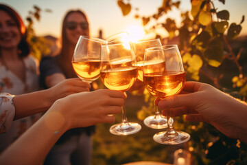 Group of friends toasting wine in outdoor party. Friends hanging out in summer