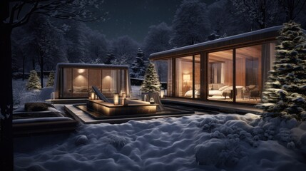  a night scene of a cabin in the snow with a hot tub in the foreground and trees in the background.