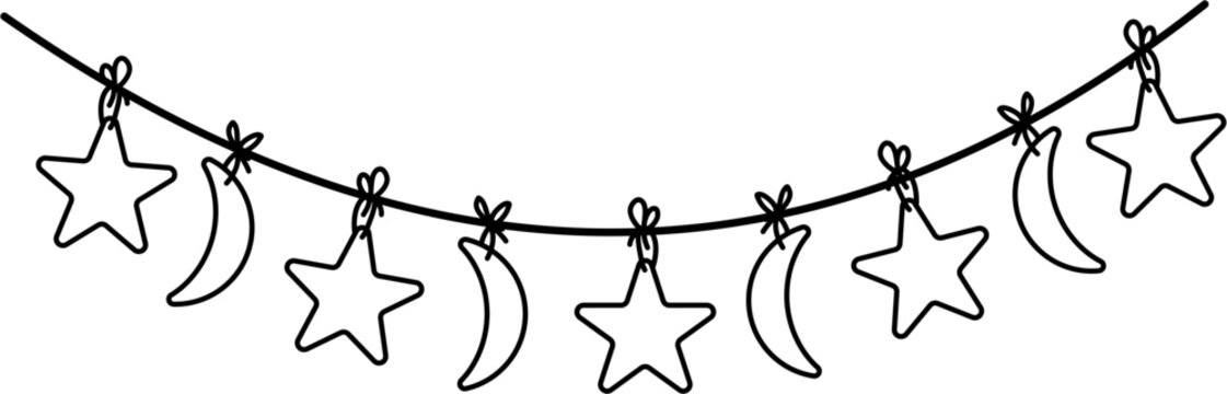 Moon and Star Garland Outline Vector Illustration