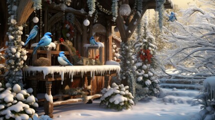  a group of birds sitting on top of a wooden bench in front of a snow covered forest filled with trees.