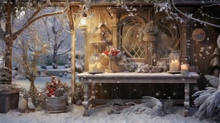  a painting of a winter scene with a snow covered bench and potted plants in the foreground and a lit candle in the background.