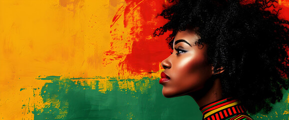 A profile of an African-American woman against a vibrant red, yellow, green, and black background, symbolizing Black History Month, Juneteenth, and the fight for racial equality. - obrazy, fototapety, plakaty