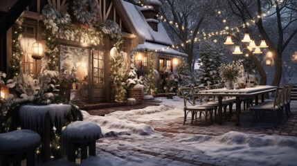  a winter scene of a house with a table and chairs covered in snow and lite up with christmas lights.