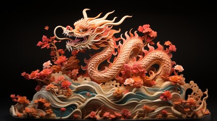 Obraz premium Red paper cut chinese dragon on dramatic red flower garden background, Fantasy dragon paper cut style, celebrate chinese new year, year of the dragon, Bas-relief