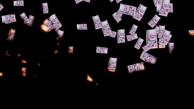 The thai baht currency banknote of Thailand burn out fire burning effect for money loss, waste, problem, crisis concept animation