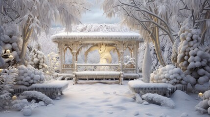  a gazebo with a bench in the middle of it surrounded by trees and bushes covered in snow and ice.