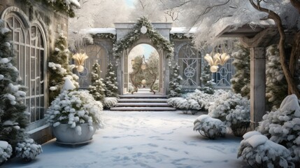  a winter scene of a snow - covered garden with a gate and steps leading to the entrance of the building.