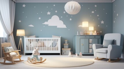  a baby's room with a crib, rocking chair, rocking horse and a crib with stars on the wall.