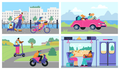 People traveling with pets, vector illustration set, flat cartoon style