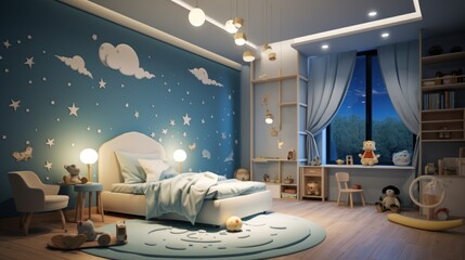  a child's bedroom decorated in blue and white with stars on the wall and a teddy bear on the floor. - obrazy, fototapety, plakaty