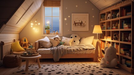  a small child's bedroom with a bed, bookshelf, and a teddy bear on the floor.