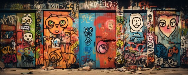 Fototapeta premium graffiti wall abstract background with abstract monster face and grungy script letters, Generative Ai not real photo, idea for artistic pop art background backdrop 