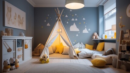 a child's room with a teepee tent, stuffed animals, and a teddy bear on the floor.