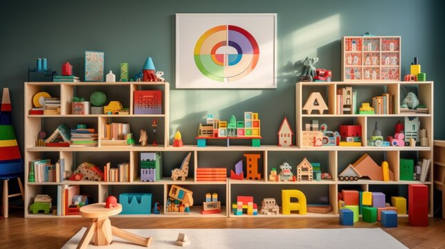  a child's playroom with toys on shelves and a picture on the wall of the children's room.