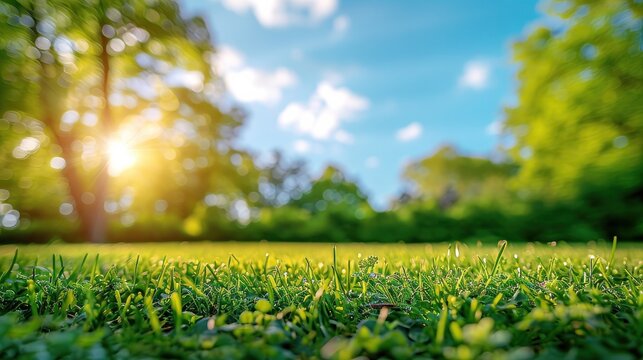 Beautiful blurred background image of spring nature with a neatly trimmed lawn surrounded by trees against a blue sky with clouds on a bright sunny day.   