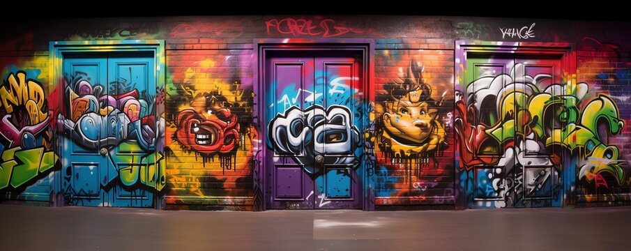 graffiti wall abstract background with abstract monster face and grungy script letters, Generative Ai not real photo, idea for artistic pop art background backdrop	
