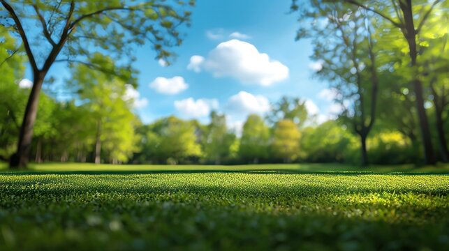 Beautiful blurred background image of spring nature with a neatly trimmed lawn surrounded by trees against a blue sky with clouds on a bright sunny day.   