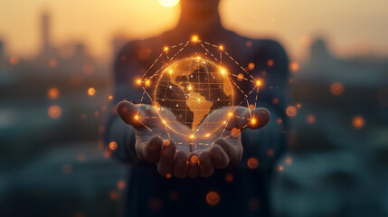 Businessman holding global network connection on social networking and customer data analytics, Business strategy and smart intelligence, digital marketing, Technology and global business. 