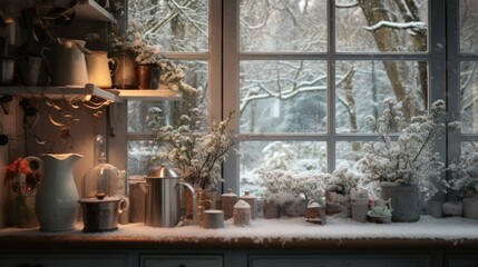  a kitchen window with a bunch of pots and panes on the window sill in front of the window.