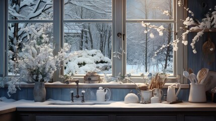  a kitchen with a lot of snow on the window sill and a lot of pots and pans on the window sill.