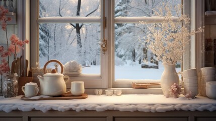  a window sill with a tea pot, tea kettle and cups on it in front of a snowy landscape.