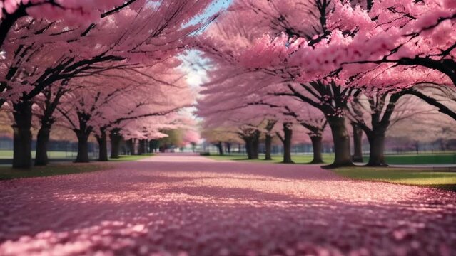 First Person POV of Walking Down a Path with Beautiful Spring Sakura Flowers on Cherry Blossom Trees