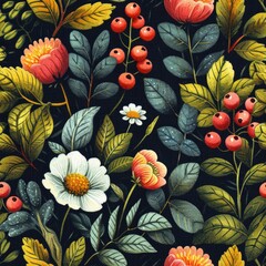 Fototapeta na wymiar Vintage Botanical Berries and Flowers Seamless Fabric Pattern