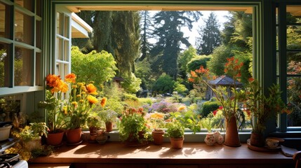  a bunch of potted plants sitting on a window sill in front of a window with a view of a garden.