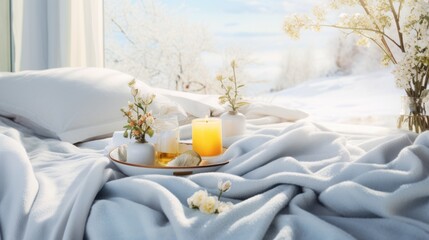 Fototapeta na wymiar a tray with two candles sitting on top of a bed covered in white sheets and a blanket with a snowy landscape in the background.