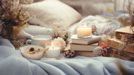 Fototapeta na wymiar a couple of candles sitting on top of a bed next to a pile of books and a bowl of food.