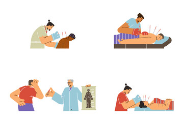 Acupuncture treatment, therapy vector illustrations set, acupuncturist inserts needles in the patient's face or back
