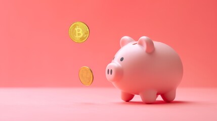 Pink Piggy Bank With Bitcoin, Savings and Investment Concept