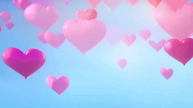 Valentine's day background, shiny pink hearts of different sizes float softly on a calm azure background with copy space. background for advertising and holiday graphics, has space for text.
