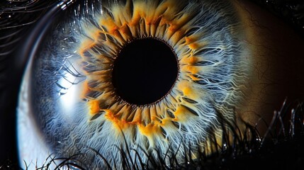 Close up of eye iris on black background, macro, photography      
