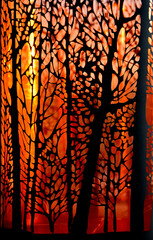 pomarańczowa lampa, czarne drzewa na pomarańczowym tle, dekoracja, ogniste kolory, poświetlona...