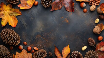 Colorful autumn leaves, nuts and pine cones. Double border over a rustic dark banner background. Top down view with copy space.   