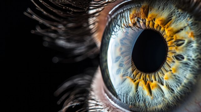 Close up of eye iris on black background, macro, photography    