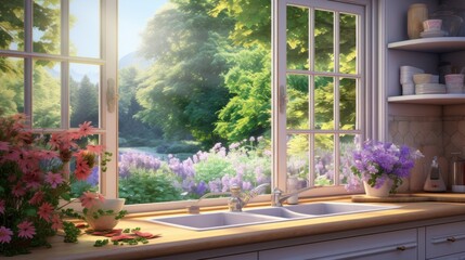  a painting of a kitchen window with flowers in the window sill and a sink in front of the window.