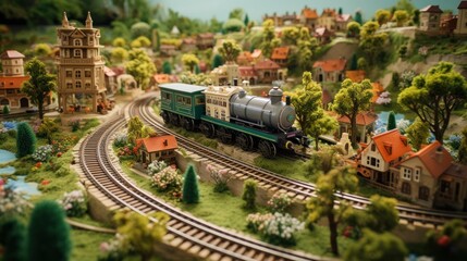  a model of a train on a train track with houses and trees on the other side of the track and a clock tower on the other side of the track.
