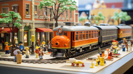  a toy model of a train on a train track with people standing on the tracks next to it and buildings in the background.