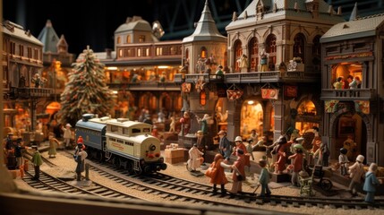  a toy town with a train on the tracks and a christmas tree on the other side of the train track.