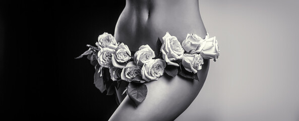 Woman dressed in white panties a flower. Sensual panties, female health, reproductive, gynecology isolated. Black and white