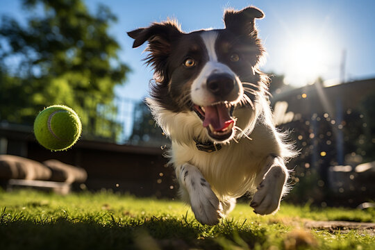 A spirited American teenager sharing laughter while engaging in a game of catch with his agile Border Collie in a sunlit backyard, illustrating the playful bond between youth and c