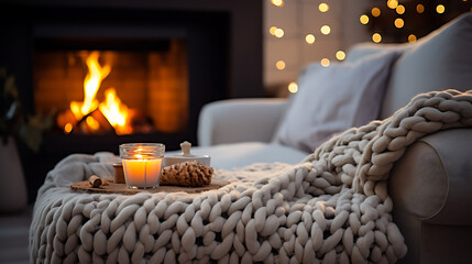 Obraz na płótnie Canvas A beige chunky knit blanket on a gray sofa. Coffee table with candles next to the fireplace. Scandinavian farmhouses 