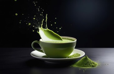 Obraz na płótnie Canvas traditional Japanese refreshing green matcha tea in cup with splashes on dark background.